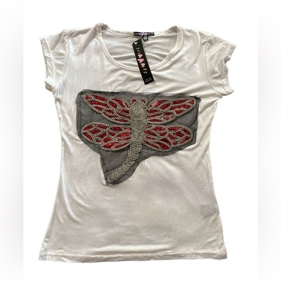 Short Sleeves Ivory S/M T Shirt With Sequins Butterfly Applique BNWT - Picture 1 of 8